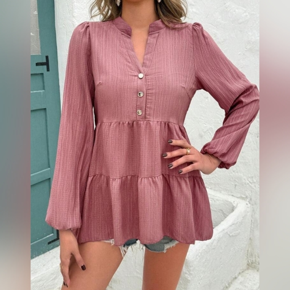 💖SHEIN Women's Summer Flowy Tops Long Sleeve Ruffle Hem Plain/Top Med P2p19 L30